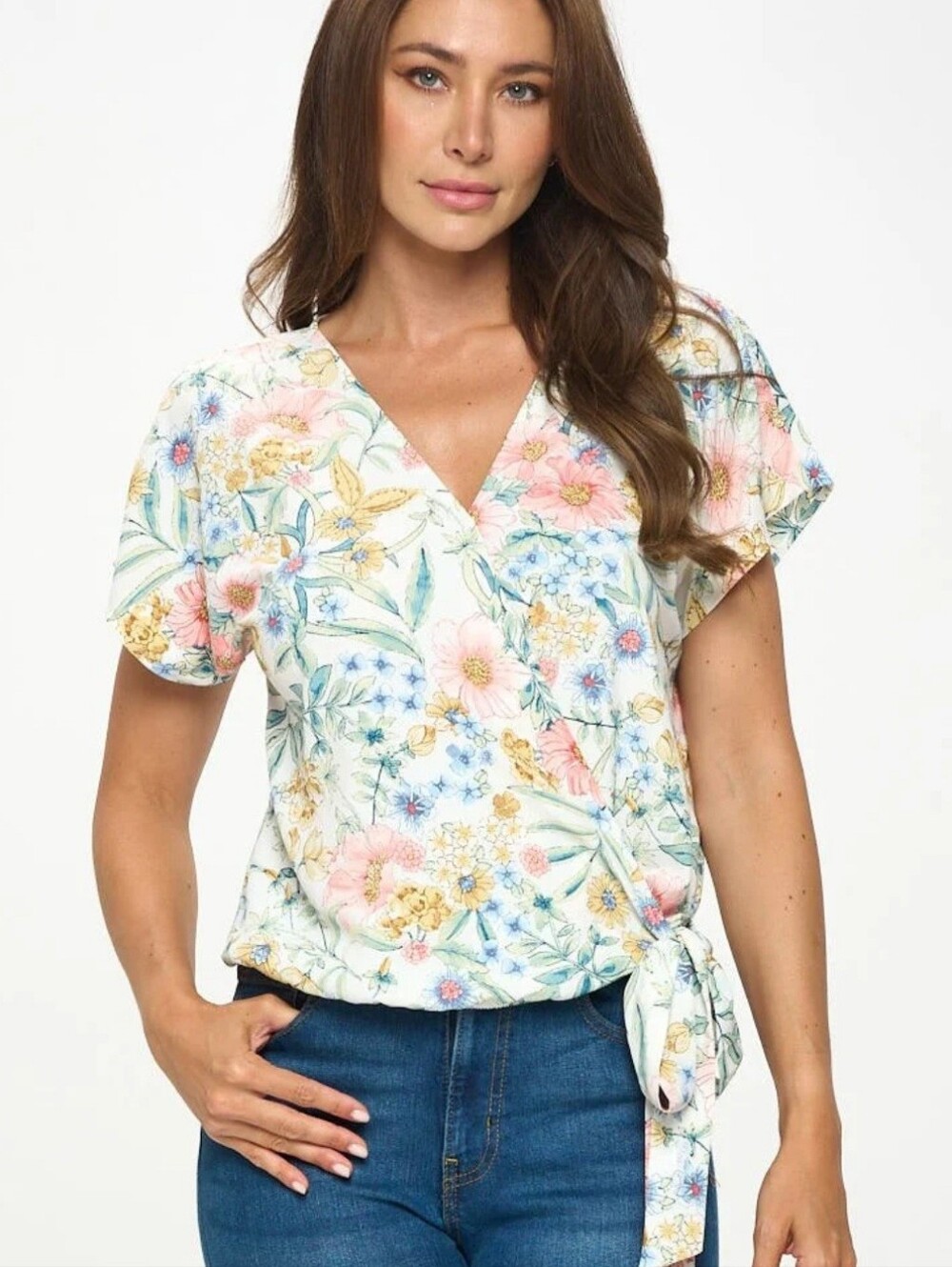 Floral Wrap Tie Blouse - White/Pink